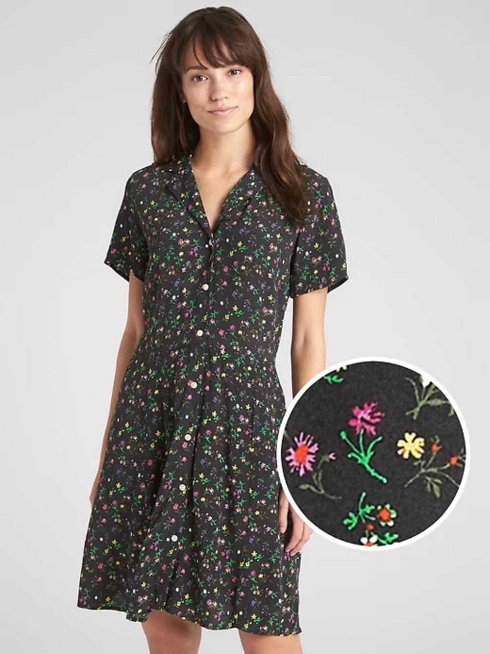 GAP Black Multicolor Floral Print fit flare Dress sz L